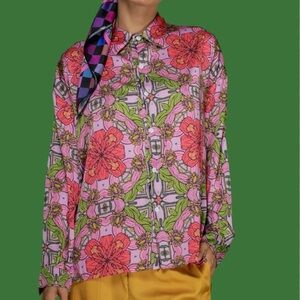 Nuvula Psychedelic Floral Blous | Duchess Satin | Retro 70s Festival Shirt M
